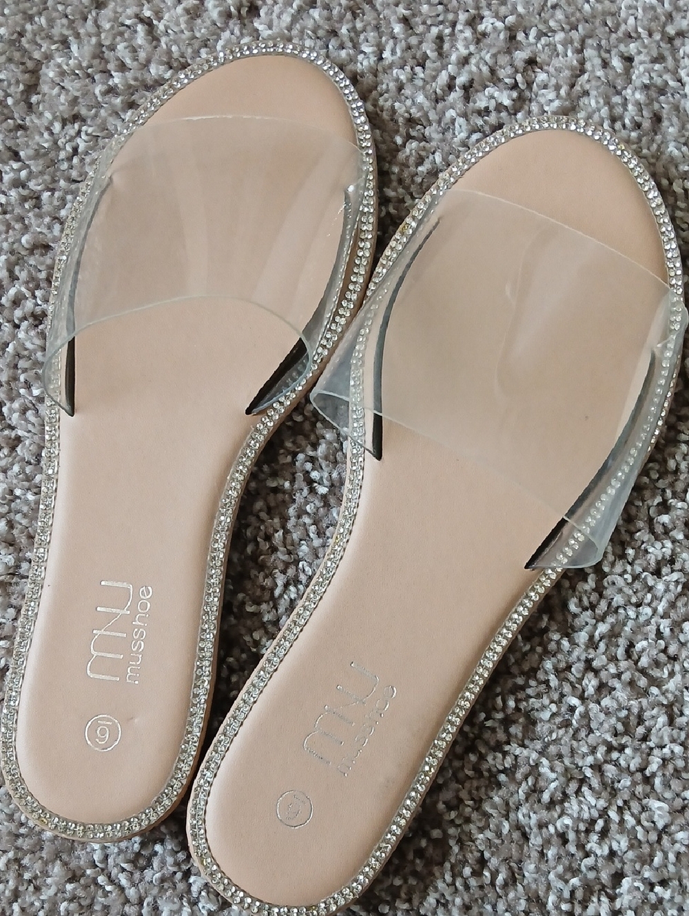 🎀Miu Clear Rhinestone Trim Slide Sandals in Nude | Size 6